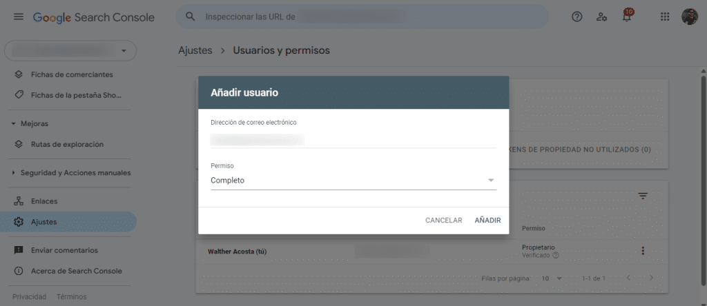 añadir usuarios en search console